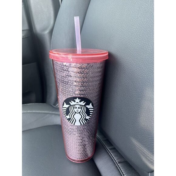 STARBUCKS PINK Rose SEQUIN Venti Tumbler Cup 24 Oz W Straw And Lid 2017 flawless - Picture 1 of 16
